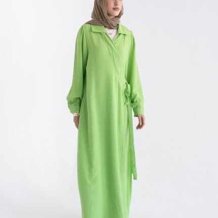 Modest Long-Sleeve Tie-Waist Dress Green